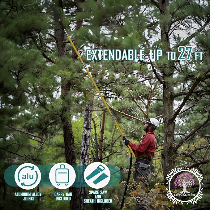 Pole Saws for Tree Trimming 7.3-27 ft Extendable Tree Trimmers Long Handle Pruner Sharp Steel Blade and Scissors High Branches Trimming Tree Pruner Tree Saw (7.3-27 ft with Scissors)