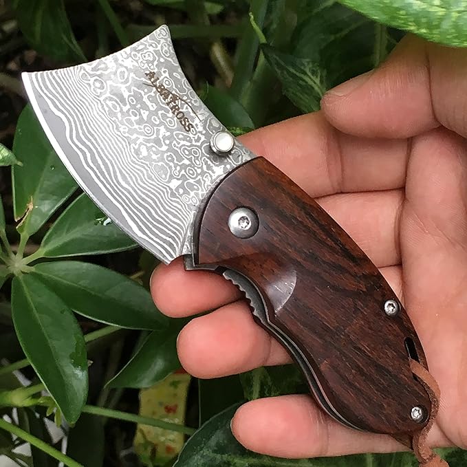 ALBATROSS Premium EDC Mini Damascus Folding Pocket Knife - 2 Blade Genuine Sandalwood Handle Liner Lock Everyday Carry for Camping Hunting Outdoor Adventures Great Gift for Men - HGDK002