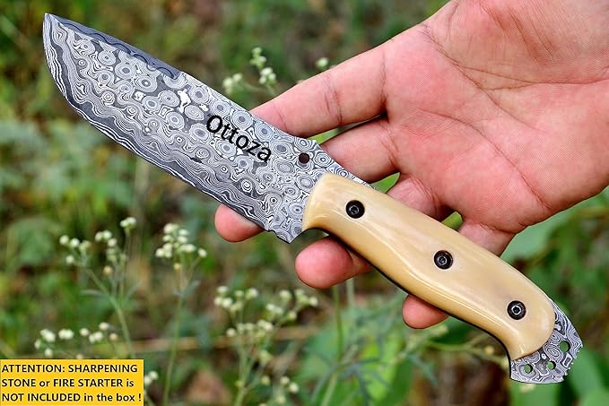 Ottoza Fixed Blade Hunting Knife with Leather Sheath and Horizontal Carry - Bone Handle - Full Tang Outdoor Survival and Camping Knife for Men 315