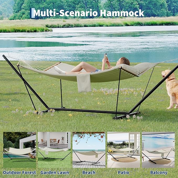 2 Person Outdoor Hammock with Stand 450LBS Capacity Heavy Duty Hammock with Carrying Bag &amp Soft Pillow Portable Indoor Outdoor Hammock Perfect for Backyard Patio Beach