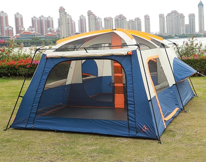 KTT Extra Large Tent 10-12-14 Person(B)Family Cabin Tents2 Rooms3 Doors and 3 Windows with MeshStraight WallWaterproofDouble LayerBig Tent for OutdoorPicnicCampingFamily Gathering