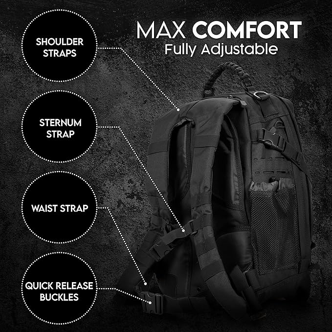 TLO Outdoors TacPack40L Tactical Backpack - Water Resistant 40 Liter Capacity Daypack Rucksack Gear Bag Laptop Bag