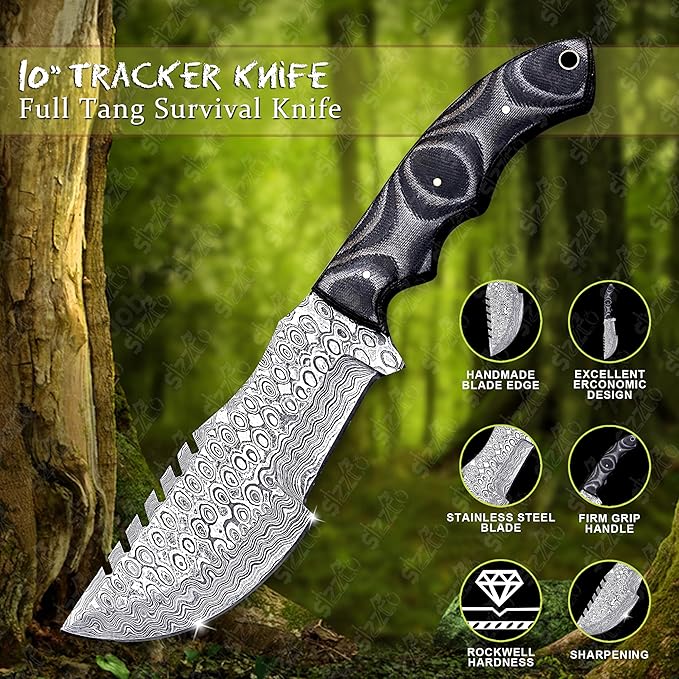 Handmade 10 Damascus Steel Tracker Knife with G10 Handle - Fixed Blade Hunting &amp Survival Knife - Horizontal Scout Carry Sheath - Bushcraft EDC for Camping &amp Outdoors