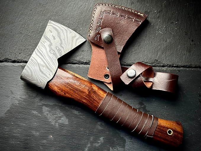 Damascus Steel Camping Hatchet Axe Tool Wood Splitting - Small Chopping Axe Hatchet with Sheath - Bushcraft Axe Camp Backpacking Hatchet - Forged Hand Axe Firewood Gardening Axes for Survival
