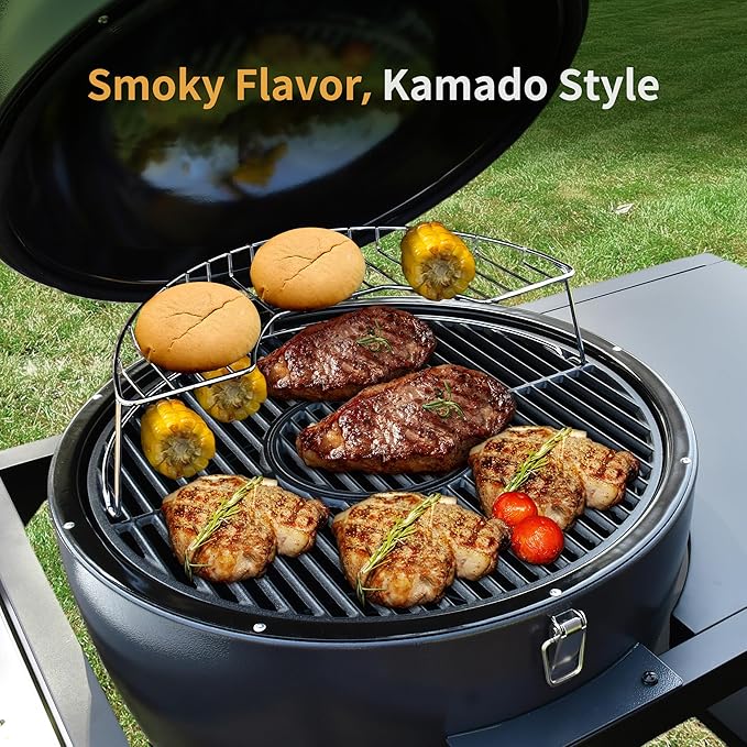 Brand-Man Charcoal Grill &amp Smoker Steel Kamado - 22 Cast Iron Grates Grilling Basket Large Prep Table Cart Ideal for Outdoor Cooking