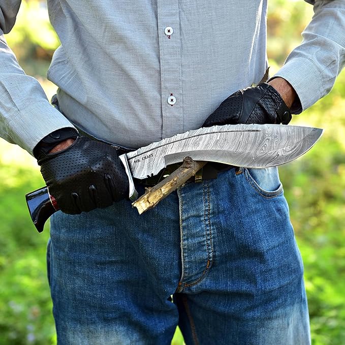 MR. CRAFT Custom Handmade Traditional Kukri Damascus Steel Fixed Blade Knife With Sheath Full Tang Heavy Duty Camping Knives - Gifts for Men (Red Wood &amp Black Horn)