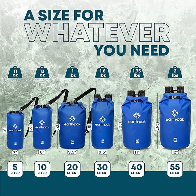 Earth Pak Waterproof Dry Bag - Roll Top Waterproof Backpack Sack (Blue 55L &amp 30L)