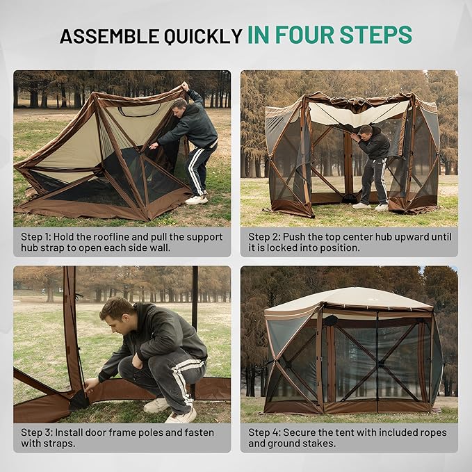 Overmont Pop up Gazebo Screen Tent - Large Instant Screen House Tent with Netting Removable Wind Cloths Full Open Door Skylight - Portable Outdoor Screened Shelter for Camping Backyard Patio Parties