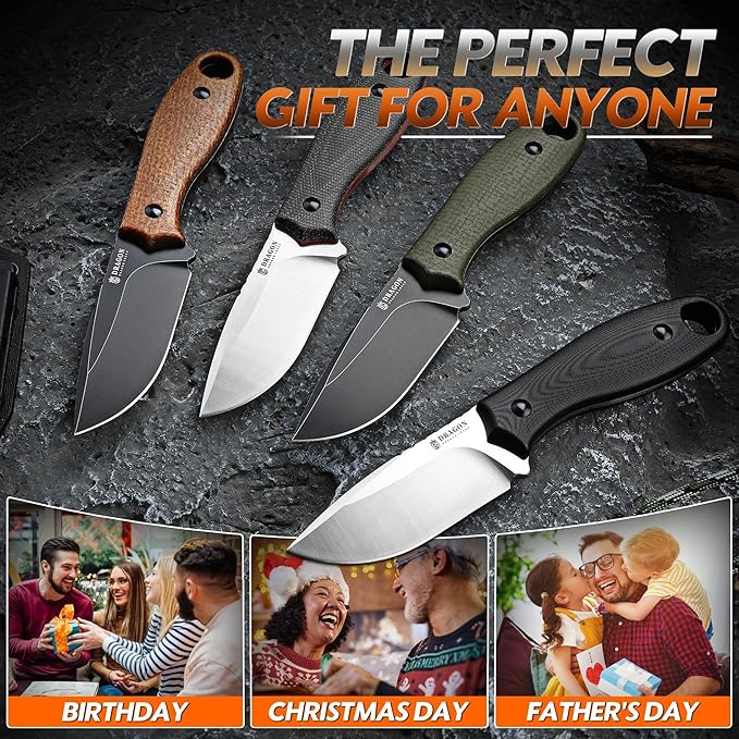 Dragon Creek Fixed Blade Knife - D2 Steel Small Pocket Knife with Adjustable Kydex Sheath for Survival Camping Hiking Birthday Gift Men Brown