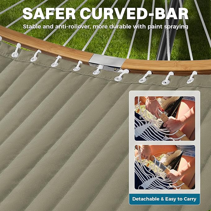 SUPERJARE Curved-Bar Hammock with Stand 2 Person Heavy Duty Hammock Frame Detachable Pillow &amp Portable Carrying Bag Perfect for Outdoor &amp Indoor Olive Gray