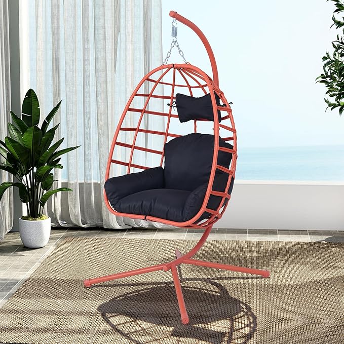 Hanging Egg Chair with Stand Outdoor Indoor Patio Rattan Swing Hammock Chairs with Washable Cushion 350lbs Capacity PE Wicker Swing Chair for Backyard Bedroom Garden (Orange + Black Cushion)