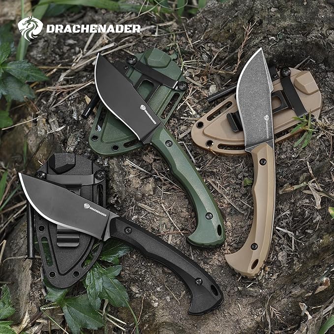 DRACHENADER Survival Knife with Fire Starter L-Y 7.68 Full Tang Small Fixed Blade Knife with Belt Clip Khaki + Stonewashed Black