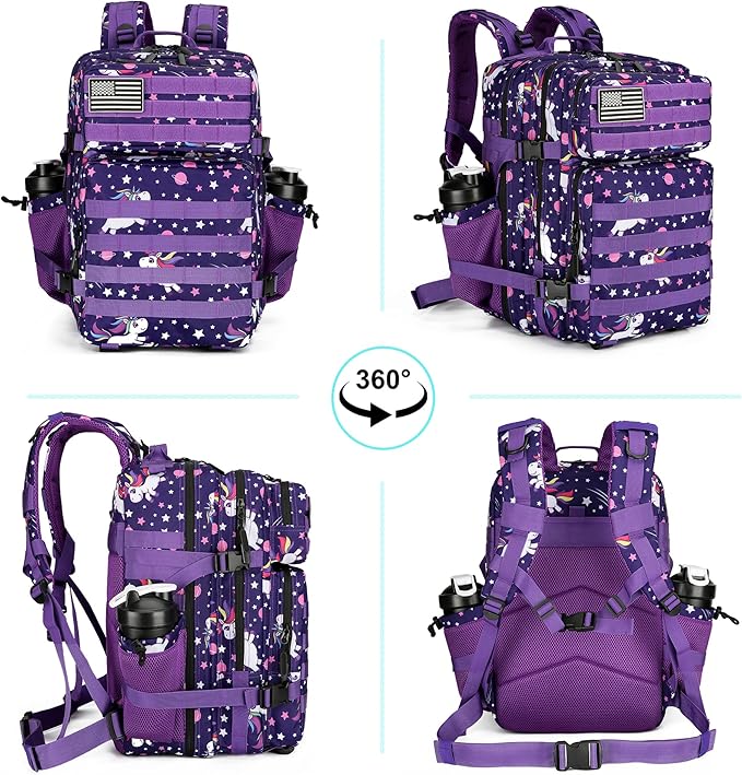 Lovelinks21 25L Tactical Military Backpack Small Travel Rucksack for Men and Women Assault Pack Bug Out Bag Molle Daypack Gym Backpack with Bottle Holder (Purple Pony)