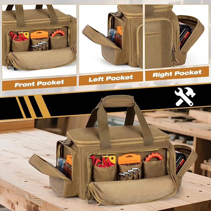 Tactical Tool Bag with Anti-friction Bottom Hand Tool Tote Storage Organizer for Men Small Range Bag for Electricians Carpenters Mechanics and Repairman Khaki