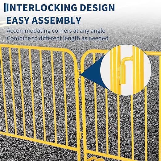 Garvee Interlocking Steel Barricade 5.5 Ft. Heavy Duty Galvanized Metal Barricade Interlocking Steel Road Barriers with with Bridge Feet Base for Crowd Control Event Fencing Indoor/Outdoor Yellow