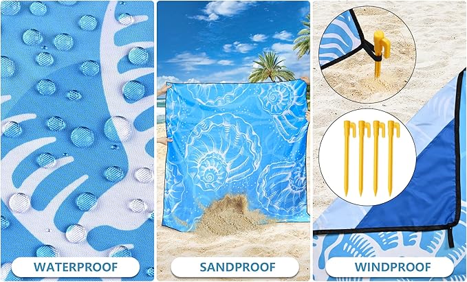 Beach Blanket Waterproof Sandproof Beach Mat 79 X 83/10'x9'for 2-8 Adults Quick Drying Outdoor Picnic Mat Beach Accessories for Travel Camping Hiking