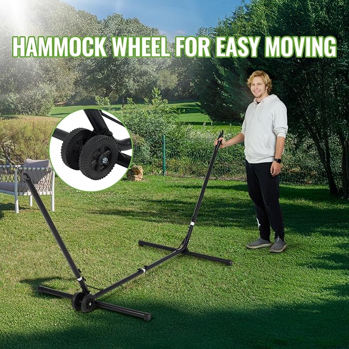 Backyard Expressions Adjustable One Size Fits All Hammock Stand with Wheels – 9FT Steel Heavy Duty Portable Frame 450 lb Capacity Easy No-Tool Assembly