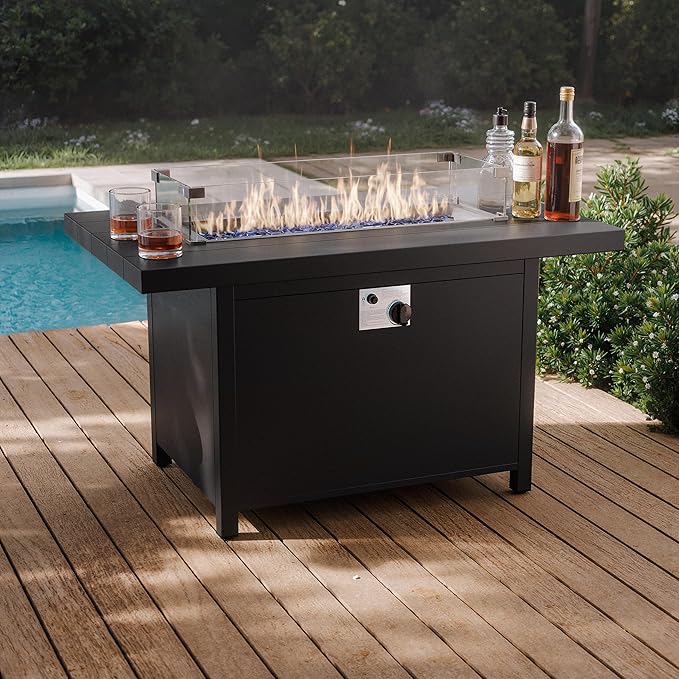 Kurapika Aluminum Propane Fire Pit Table 45 Inch 55000 BTU Auto-Ignition CSA Certification Outdoor Gas Fire Pits with Slide Out Tank Holder Outdoor Fire Tables Wider Desktop Windshield and Lid