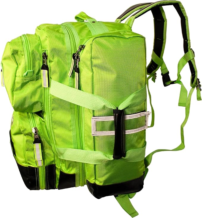 Kemp USA Ultimate EMS Backpack EMT Emergency Medical Bag Fits BLS ALS Gear and D Tank Oxygen Cylinder 1680D Nylon Multiple Grab Points Chest Waist Straps Color Coded Pouches Neon Green