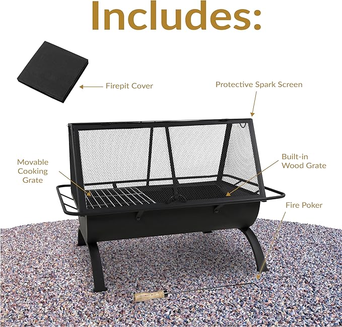 Sunnydaze 36-Inch Northland Steel Outdoor Fire Pit with Grill - Outdoor Fireplace with Cooking Grate Spark Screen Cover and Poker