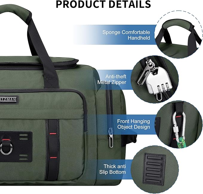 WITZMAN Duffle Bag for Men Large Overnight Carry On Weekender Bag with Shoe Compartment Sports Gym Duffle Bags for Traveling(B719 Army Green)
