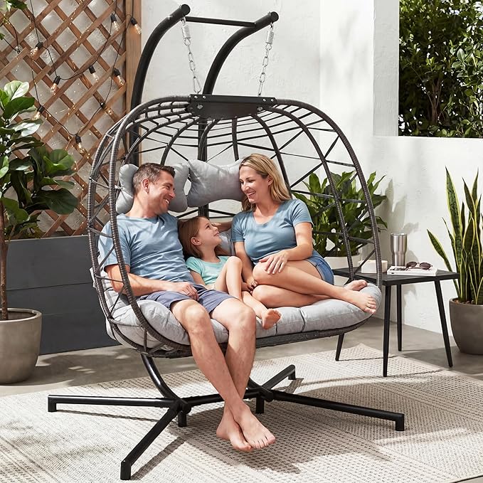 NICESOUL Oversized Patio Egg Chair for 2 Large &amp Wide Hanging Egg Chair with Stand Cozy Comfy Double Swing Hammock with Cushions Sturdy Porch Swings for Indoor Outdoor Light Gray with Cover