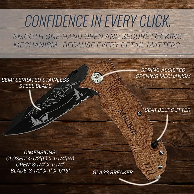 Personalized Pocket Knife for Men with Clip | Laser Engraved Hunting Design Folding Utility Tactical Switchblade for Camping Fishing Rescue | Custom Birthday Gift for Dad Husband Groomsmen Gifts