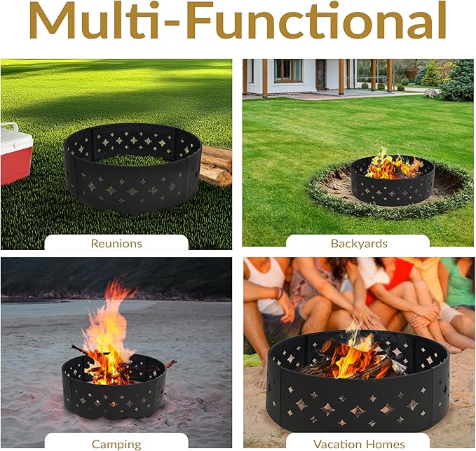Sunnydaze 36-Inch Outdoor Fire Pit Ring with Poker - Round Heavy-Duty Steel Fire Ring for Camping or Backyard - Diamond - 10 H