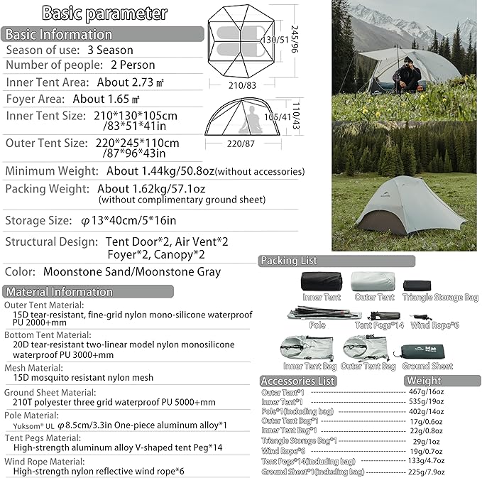 Naturehike Free Standing 2 Person Backpacking Tent with The Double Canopy Ultralight Nylon Double Layer Waterproof Camping for Camping Festivals Backyard Sleepovers
