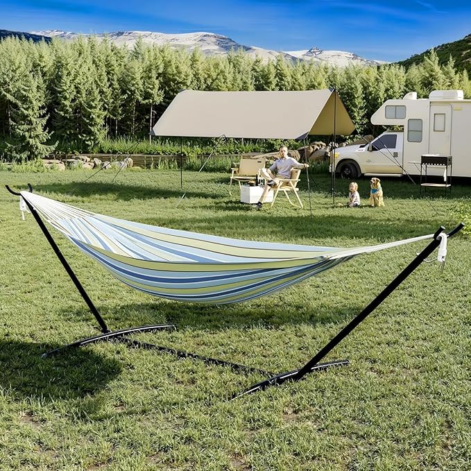 Hammock with Stand 2 Person Heavy Duty Hammock with Soft Pillow &amp Balance Ropes Stand Alone Hammock with Curved Spreader Bar Portable Outdoor Hammock for PatioBeach BackyardBlue Green Stripe