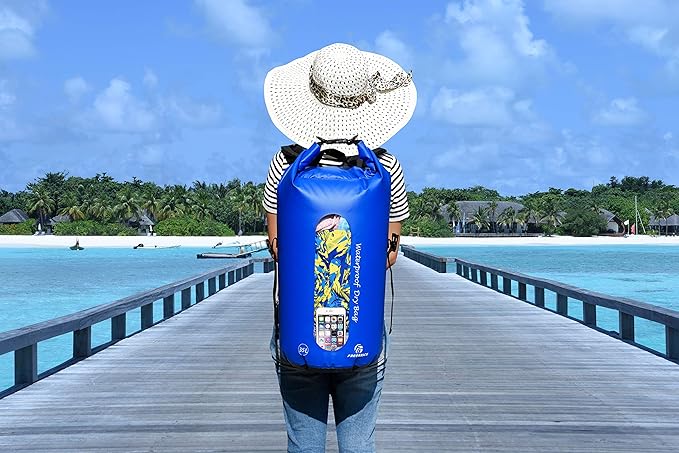 Freegrace Waterproof Dry Bag Set of 3 - Submersible Dry Sack with Double Zip Lock Seals - Includes Waist Pouch &amp Phone Case - Perfect for Kayaking Swimming Boating &amp Rafting (Window Navy Bl