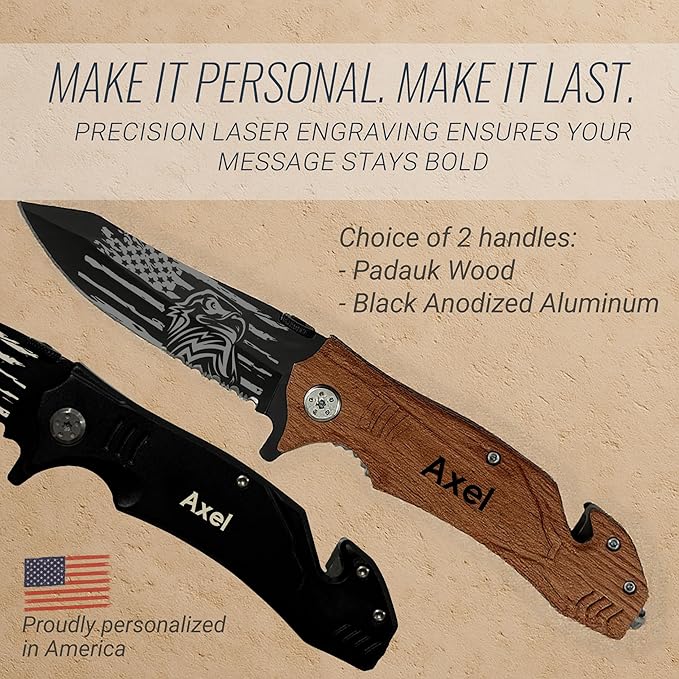 Personalized Pocket Knife for Men with Clip | Laser Engraved Patriotic Design Folding Utility Tactical Switchblade for Camping Hunting Rescue | Custom Birthday Gift for Dad Husband Groomsmen Gifts