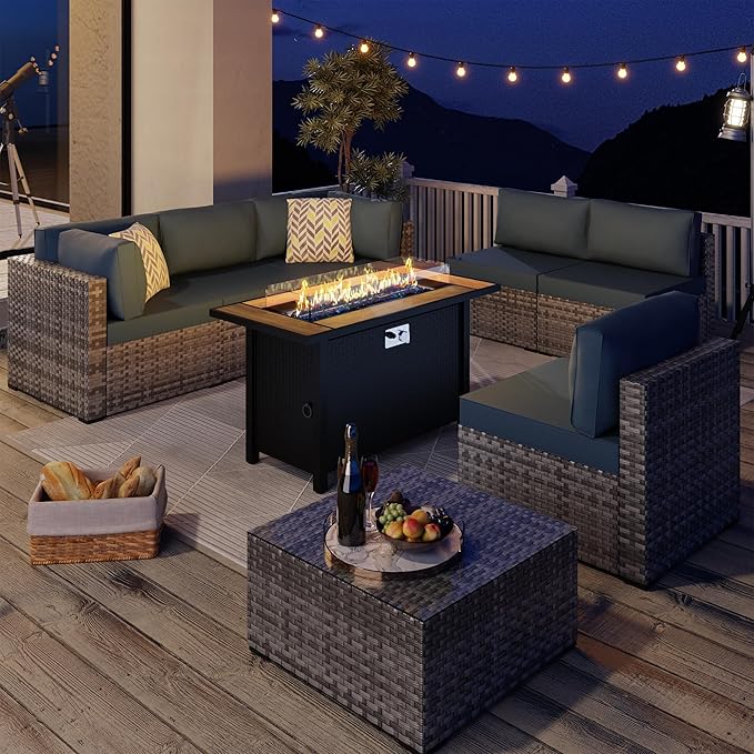 45 Inch Propane Fire Pit Table 50000 BTU Outdoor Gas Fire Pit for Patio &amp Backyard 2-in-1 Firepit Dining Table with Glass Wind Guard Blue Glass Rocks &amp Waterproof Cover Walnut
