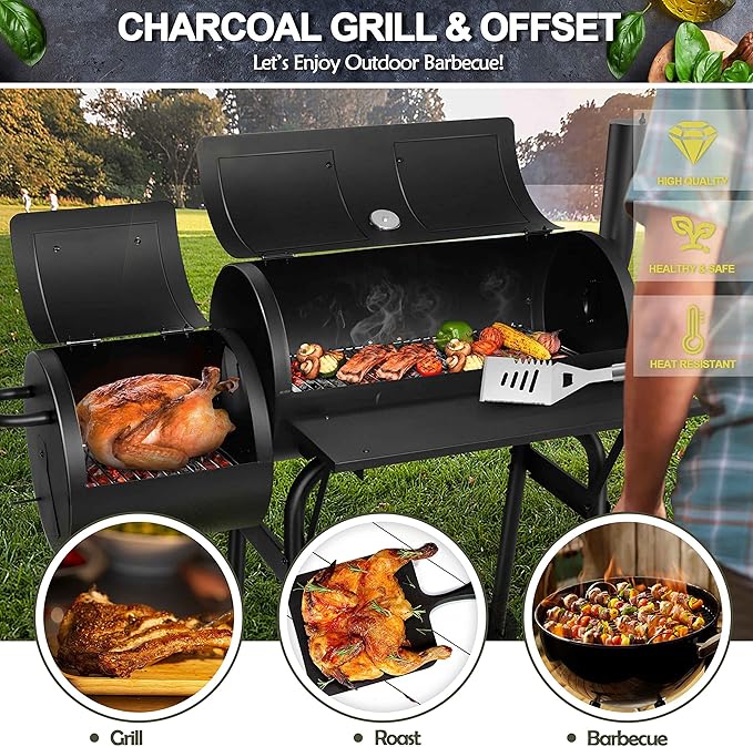 Joyfair Charcoal Grill with Offset Smoker Camping Barbecue Grill with Side Fire Box for Outdoor BBQ Smoking/Backyard Party Grilling Thick Iron Steel &amp Dual Chamber Design Thermometer &amp Chim