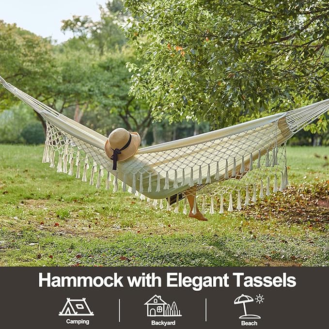 CHULIM Brazilian Double Hammock with Tree StrapsExtra Large 94x63IN2 Persons Hammock for Backyard Patio Outdoor Indoor450lbs Weight CapacitySoft Woven Cotton Fabric - Natrual White with Tassels
