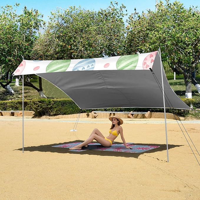 Easter Egg Beach Canopy Sun Shelter with Sandbags &amp Sand Shovel &amp Windproof Ropes - Portable 110x126 Beach Shade Beach Tent for Camping Picnics