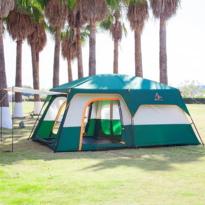 KTT Large Tent 6-8-10-12 PersonFamily Cabin Tents2 Rooms2 Doors and 4 Windows with MeshStraight WallWaterproofDouble LayerBig Tents for OutdoorPicnicCampingFamily Gathering