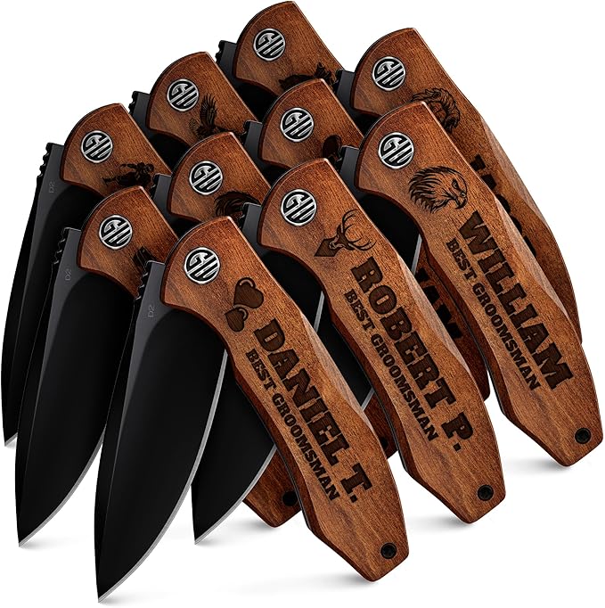 Grand Way Personalized Gift Set - Groomsman Folding Knife Engraved Hip Flask Custom Tag Wooden Box with Monogram - Personalized Idea Gifts for Groomsmen Best Man Present 6700 PS 10 pcs