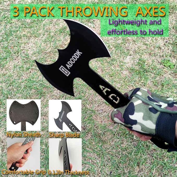 Throwing Axes and Tomahawks with Black Coated Letter Handle 11 inch Full Tang Double Bit Throwing Axe Set with Sheath Viking Axe Throwing Game for Recreation and Competition