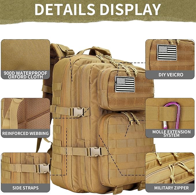45L Military Tactical Backpacks 3 Days Assault Pack Bag Fitness Rucksack 3 Day Bug Out Bag Hiking Treeking Molle Daypack (Khaki)