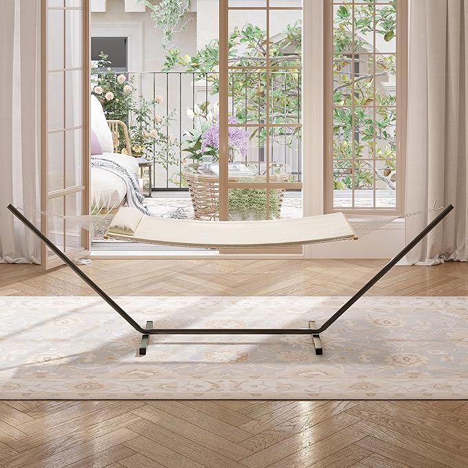 Hammock with Stand 2 Person Heavy Duty Hammock with Soft Pillow &amp Balance Ropes Stand Alone Hammock with Curved Spreader Bar Portable Outdoor Hammock for PatioBeach BackyardBeige