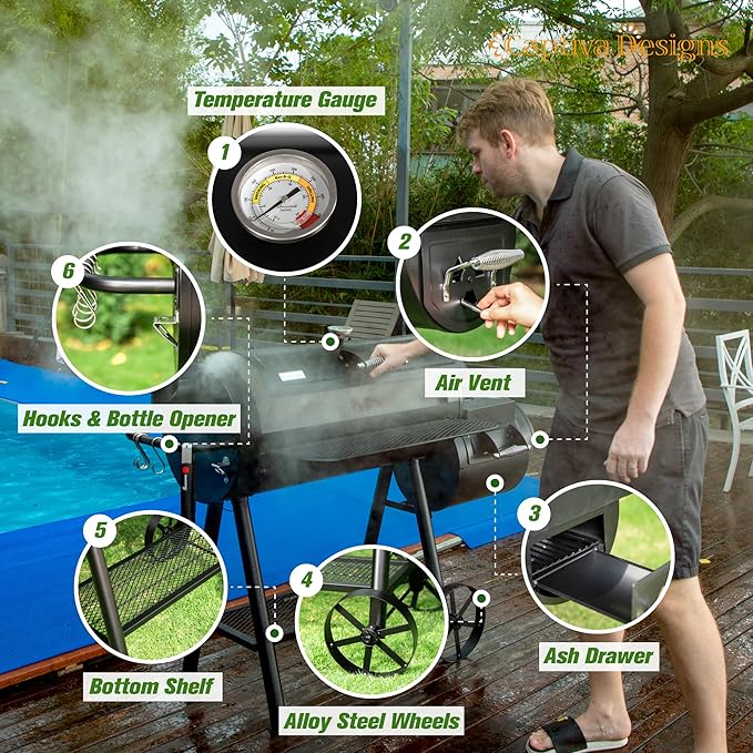 Captiva Designs Heavy Duty Outdoor SmokerExtra Large Cooking Area(941 sq.in. in Total) Offset Smoker Best Charcoal Smoker and Grill Combo for Outdoor Garden Patio and Backyard Cooking