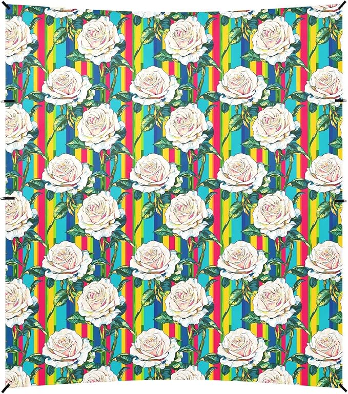 ALAZA Rose Flower Rainbow Stripes Beach Tent Sun Shelter UPF50+ Protection Beach Shade Canopy w/ 4 Sandbags for Outdoor Camping Fishing Backyard Fun Picnic 10x9 ft