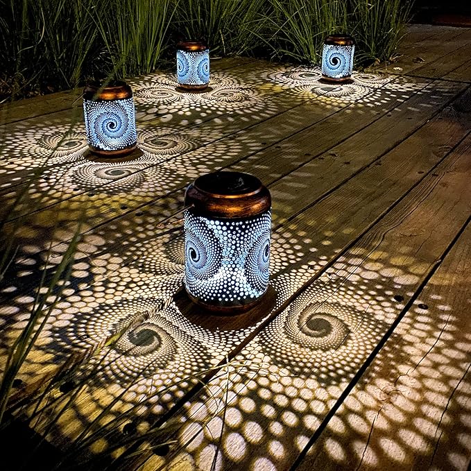 DIBIEECN Mothers Day Gifts for Mom Birthday Gifts Grandma Ladies Solar Lanterns Outdoor Hanging Hollowed-Out Metal Waterproof LED Garden Decor Outside for Patio Yard Porch Blue 4 Pack