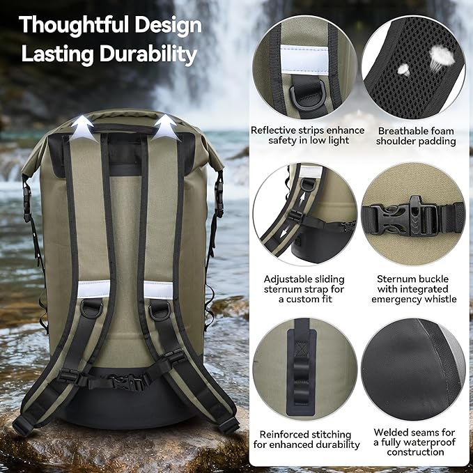 MARCHWAY Floating Roll Top Dry Bag Flexible Lightweight TPU Waterproof Backpack 20L/30L/40L with Padded Straps for Boating Kayaking Swimming Hiking Beach (Green 30L)