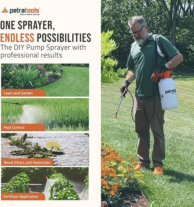 Petratools 2 Gallon Pump Sprayer - HD201 Garden Sprayer for Weeds Lawn Care &amp Pesticides - 52 Long Hose 2 Nozzles &amp Easy Carry Handle - Durable &amp Lightweight