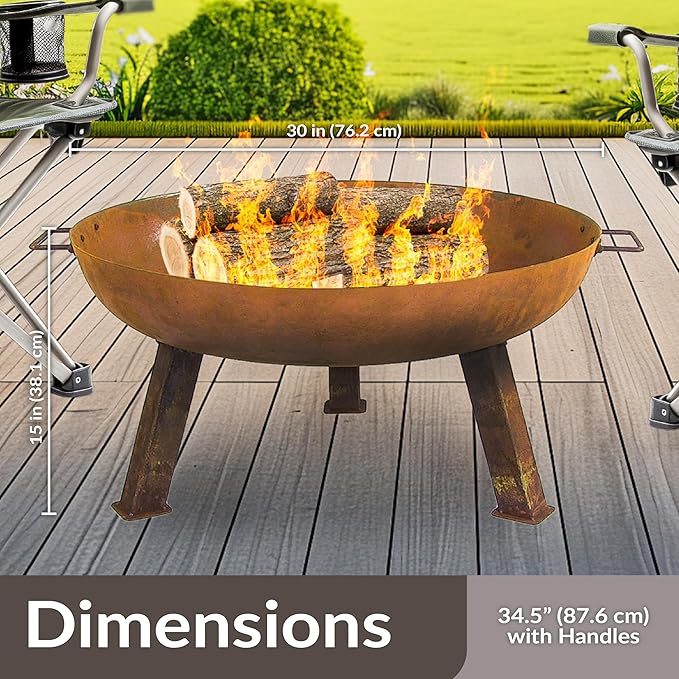 Sunnydaze 30-Inch Cast Iron Heavy Duty Fire Pit for Outside - Wood Burning Outdoor Fire Pit Bowl with Handles - Rust