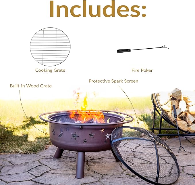 Sunnydaze Cosmic 30-Inch Patio Fire Pit for Outside - Outdoor Wood-Burning Fire Pit with Grill Grate Spark Screen and Fireplace Poker
