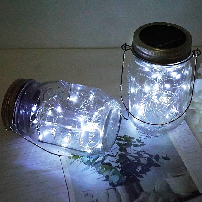 Solar Mason Jar Lid Lights 10 Pack 30 LED Waterproof Firefly Fairy Lights with Hangers(No Jars) Outdoor Starry String Lights for Patio Yard Garden Wedding Lantern Decor (Cool White)