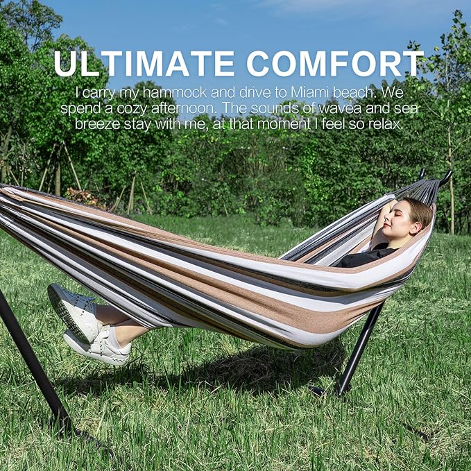 PNAEUT Double Hammocks with Stand for Outside Portable Space Saving Heavy-Duty Steel Frame for Indoor Outdoor Patio Yard Easy Assembly 2 Person 450 lbs Capacity (Coffee)